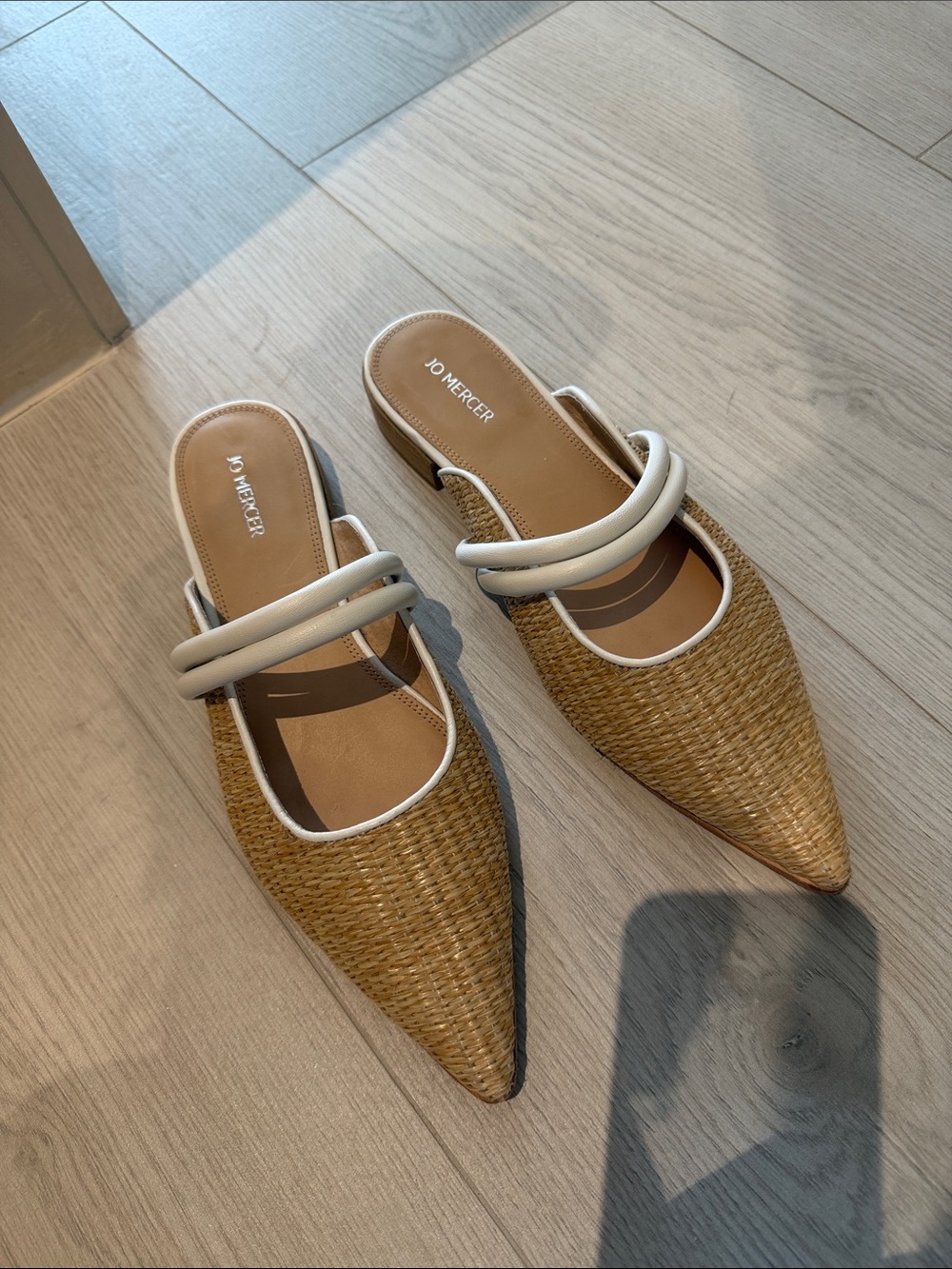 Jo Mercer Tan Woven Pointed Mules with White Trim